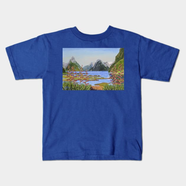 A clear day in Milford Sound, New Zealand Kids T-Shirt by Anton Liachovic